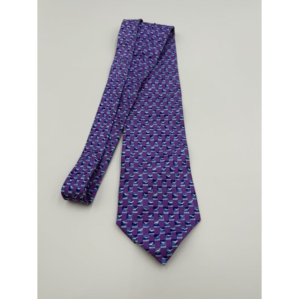 Vintage Dunhill Silk Tie Purple Blue Geometric Seagull Bird Pattern